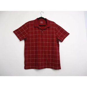 Mens Van Heusen Polo Shirt Large 16 16 1/2  Red/Burgundy Plaid Short Sleeve